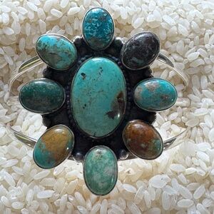 Sterling Silver 925 Turquoise Stone Women's Bracelet Cuff Size 8”